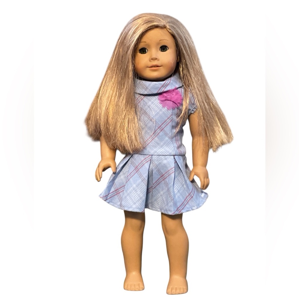 American Girl Doll Truly Me Blonde Green Eyes with Blue Pink Plaid Sweet Dress